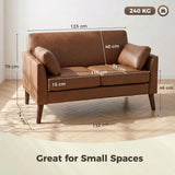 HOMCOM 2 Seater Sofa, 132 cm Small Loveseat with Solid Wood Legs and 2 Pillows – PU Leather Couch for Small Spaces, Brown