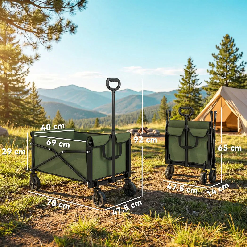 Outsunny Folding Festival Trolley on Wheels, 80L Compact Camping Cart with Adjustable Handle, Green