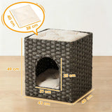 PawHut 2-Tier Wicker Cat House with Cushion – Handwoven Rattan Indoor Cat Bed, Grey