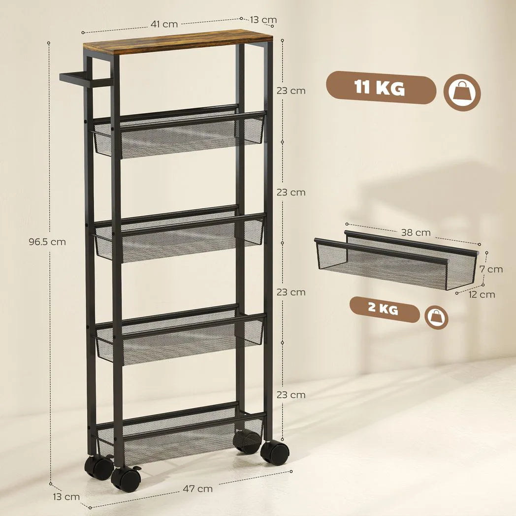 HOMCOM Slim 5-Tier Storage Trolley with Wood-Effect Top, 4 Mesh Baskets and Swivel Wheels – Kitchen Cart, Black