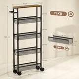 HOMCOM Slim 5-Tier Storage Trolley with Wood-Effect Top, 4 Mesh Baskets and Swivel Wheels – Kitchen Cart, Black