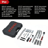 94-Piece Socket Set with 1/2" and 1/4" Drive Ratchets, Bits and Extension Bars – Chrome-Vanadium Kit