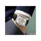 Longbo Mens Automatic Hollow mechanical Dial Analogue Silver/Black Leather Strap Watch