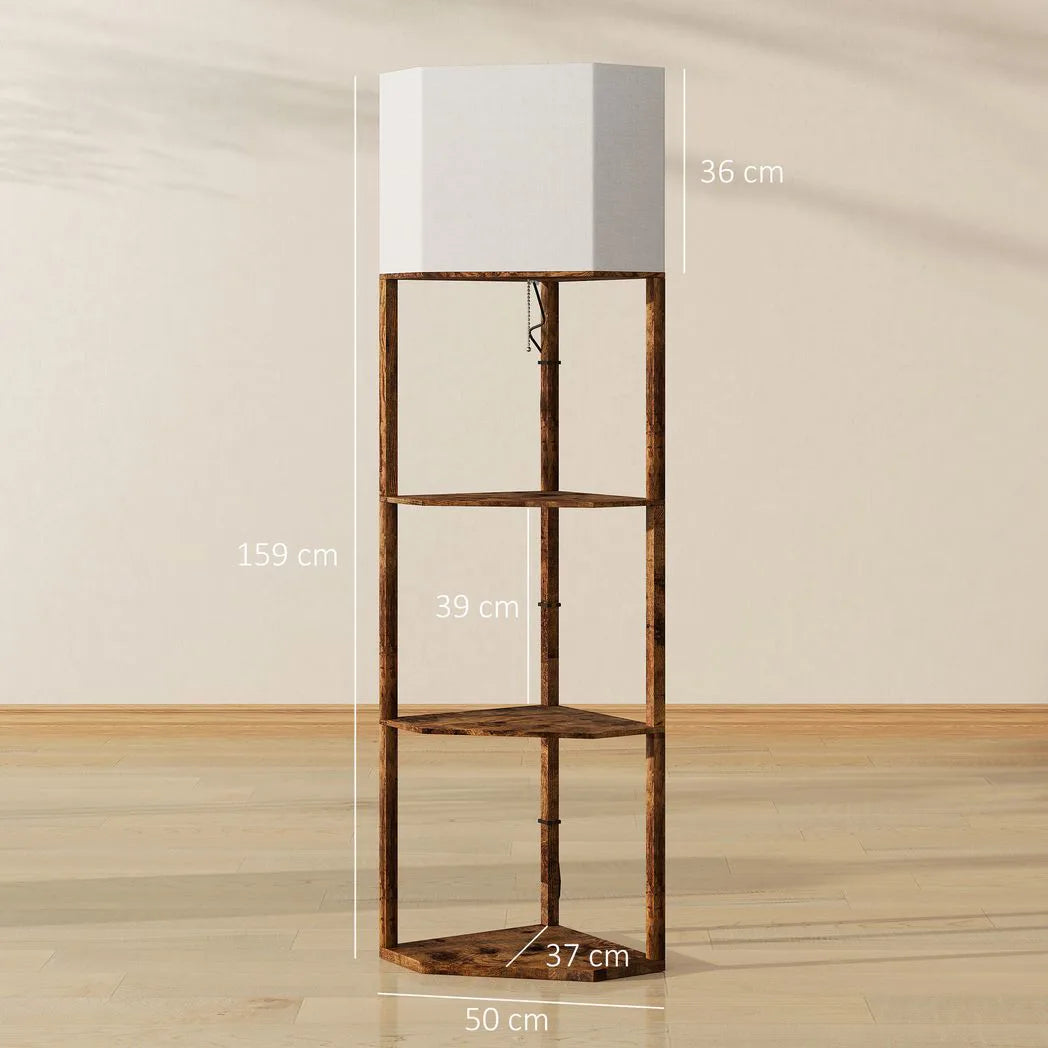 HOMCOM Corner Floor Lamp with 3 Storage Shelves & Pull Chain Switch – Tall Standing Lamp, Rustic Brown