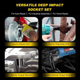1/2" Drive Deep Impact Socket Set – 10 Long Reach Thin Wall Metric Sockets 10-24mm, Chrome Vanadium Steel, Black