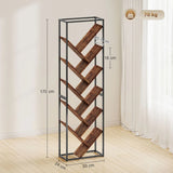 HOMCOM 10-Shelf Industrial-Style Tree Bookshelf with Metal Frame and Anti-Tipping Straps – Black/Brown