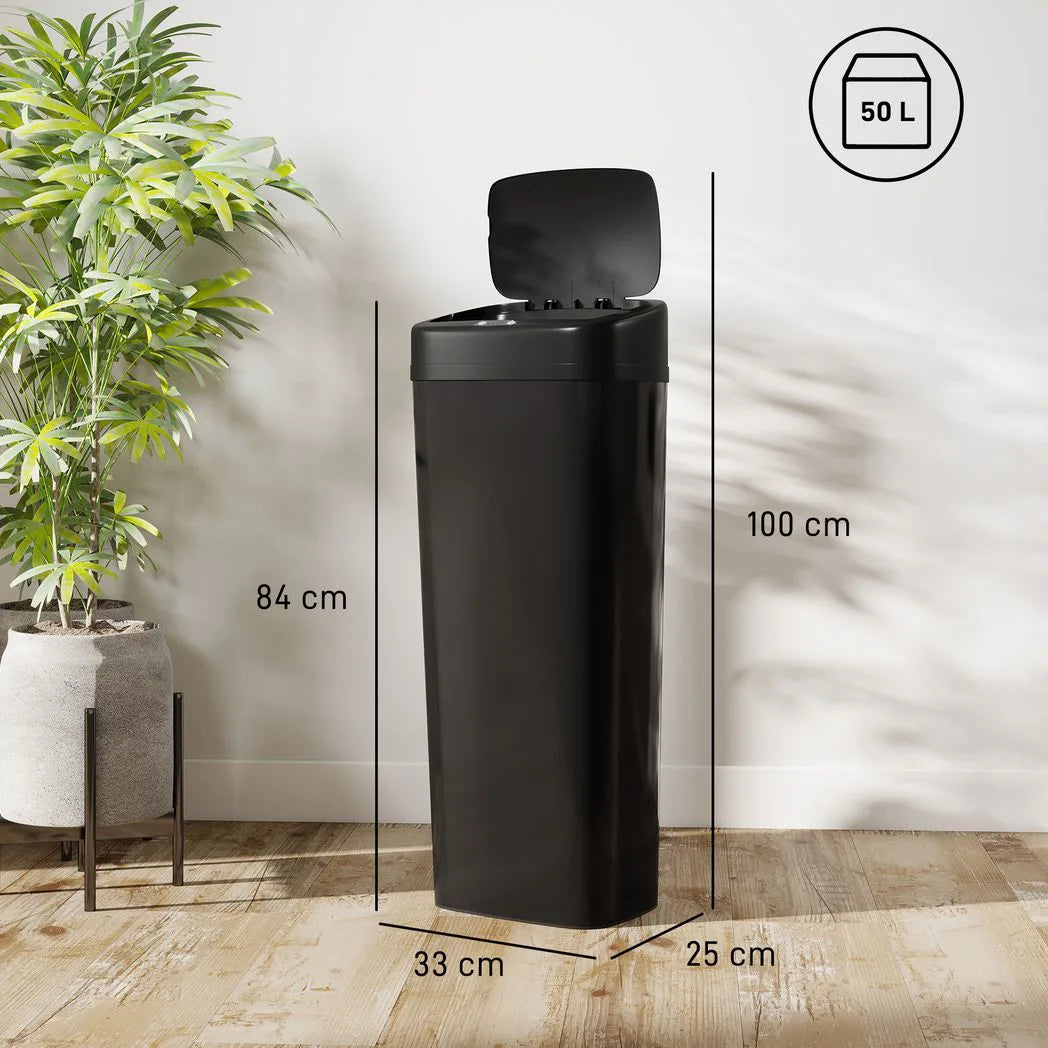HOMCOM 50L Stainless Steel Sensor Bin with Slim Design and Bag-Fixing Ring – Touchless Kitchen Bin, Black
