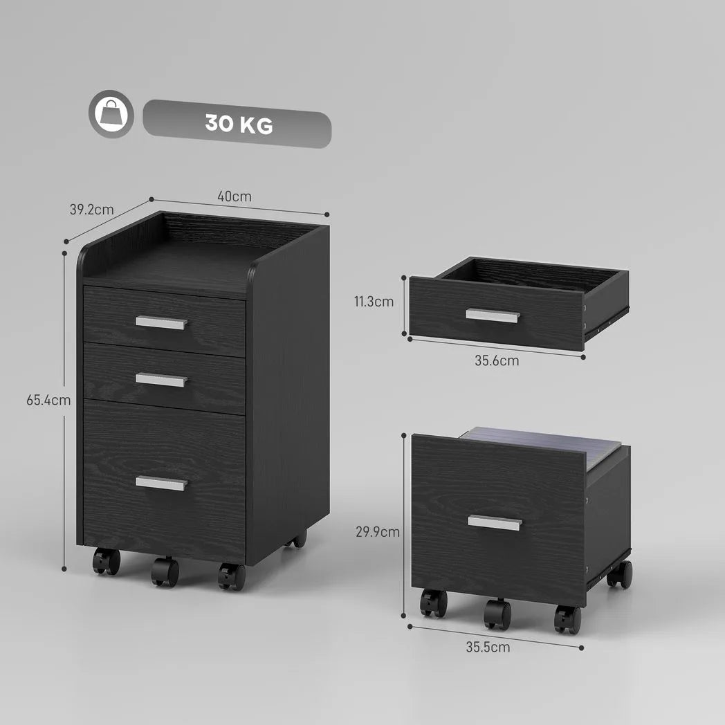 HOMCOM 3 Drawer Rolling Filing Cabinet with Printer Top – Under-Desk A4 Hanging Folder Storage, Black