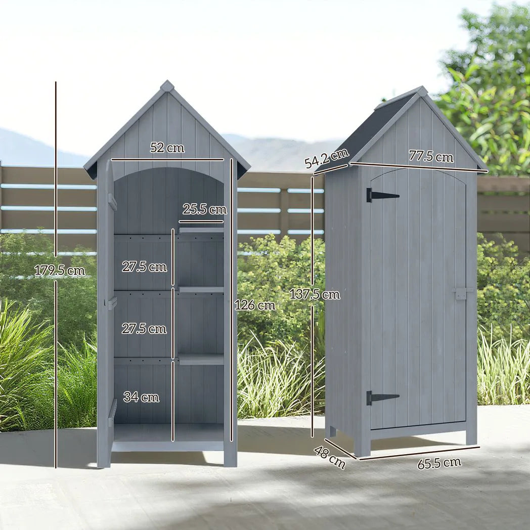 Outsunny Wooden Garden Storage Shed with 3 Shelves, Tilt Roof and Lockable Door – Outdoor Tool Cabinet, Grey
