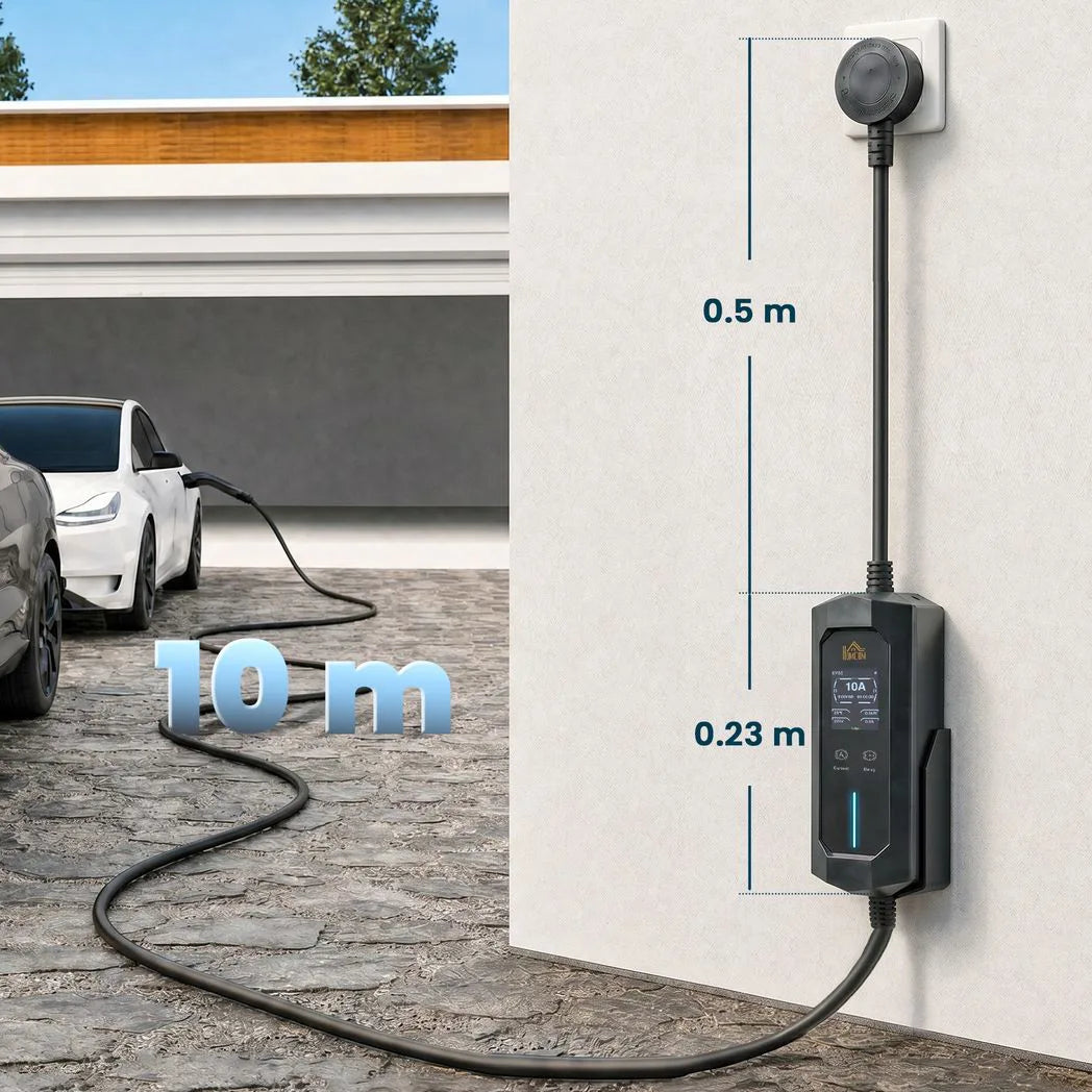HOMCOM 10 m Type 2 to 3-Pin Plug EV Charger, 2.8 kW, 6-13 A, IP65 Portable Charging Cable with LCD & 1-12 h Timer