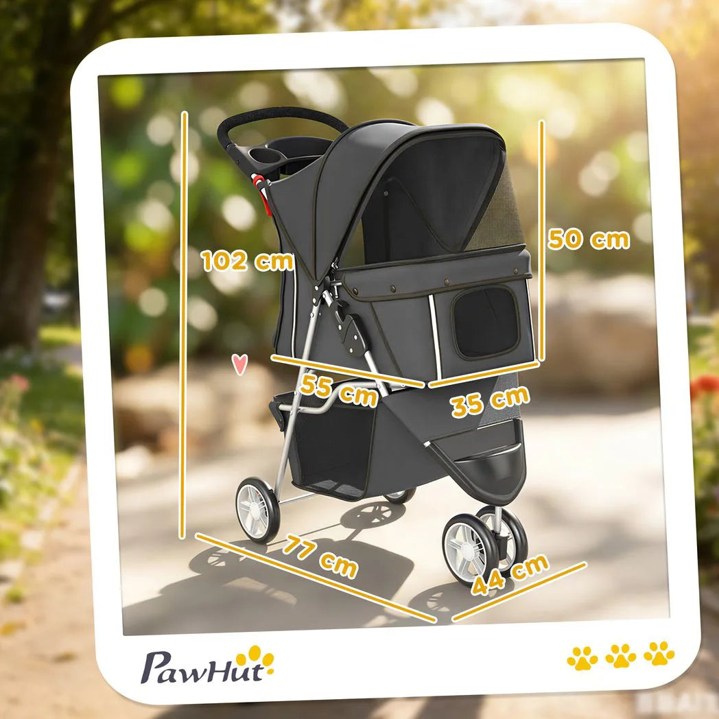 PawHut 3 Wheel Foldable Dog Stroller with Adjustable Canopy & Storage Basket, up to 10 kg – Pet Pram, Dark Grey