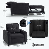 HOMCOM 3-in-1 Single Sofa Bed with Three-Level Back, Cup Holders and Pillow – Convertible Sleeper Chair Bed, Black