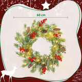 HOMCOM 60 cm Prelit Christmas Wreath with 30 Warm White LEDs and Timer – Battery-Operated Door Wreath with Realistic Branches