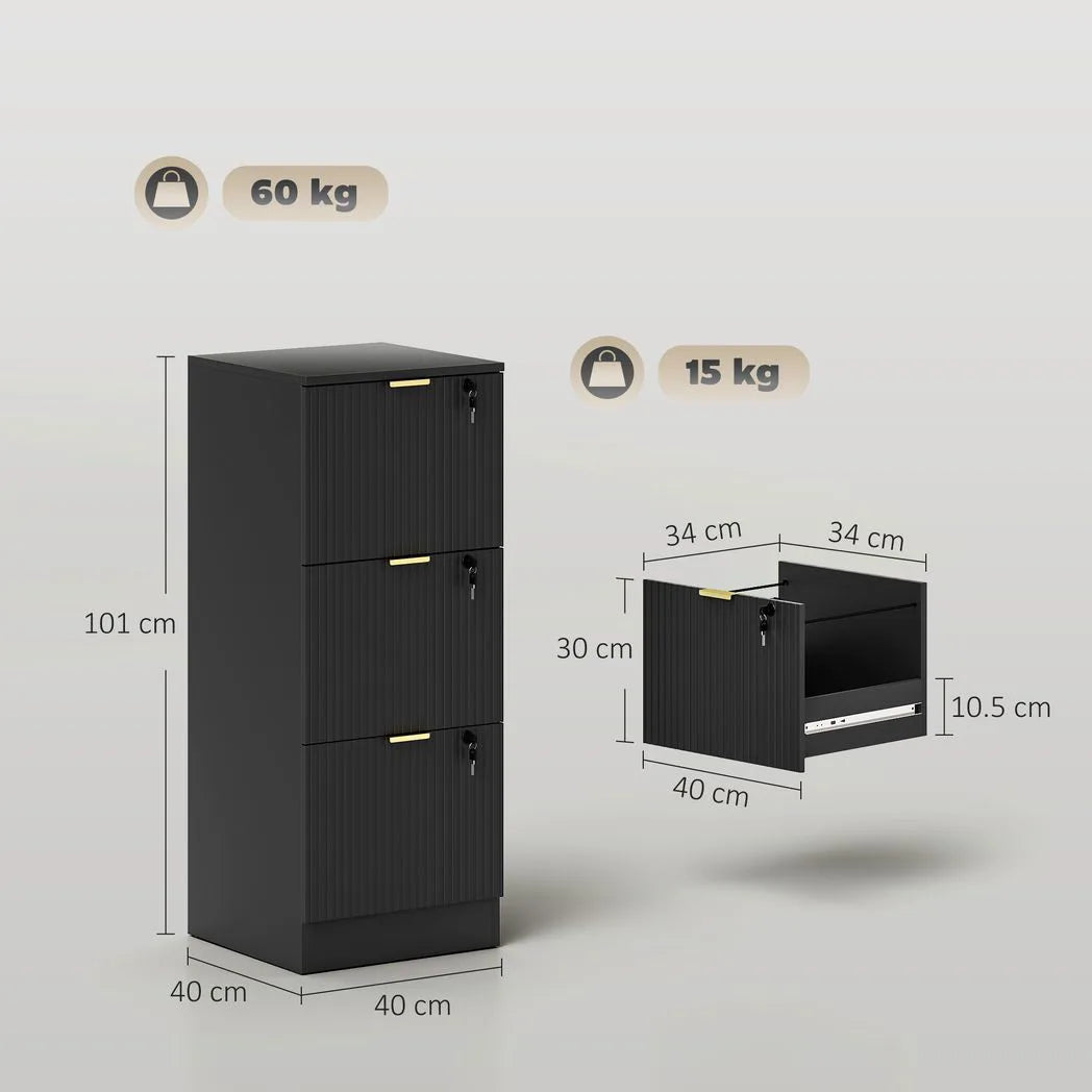 HOMCOM Filing Cabinet with 3 Lockable Drawers and Hanging Rails – Fluted Vertical A4 File Storage, Black
