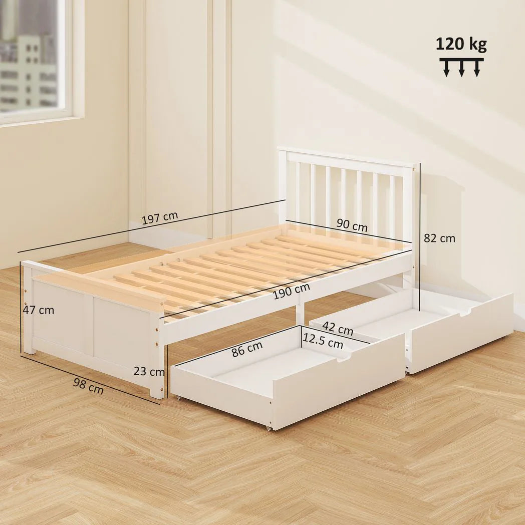 HOMCOM Wooden Single Bed Frame with Two Wheeled Drawers – Pine Wood Storage Bed, 3ft, White