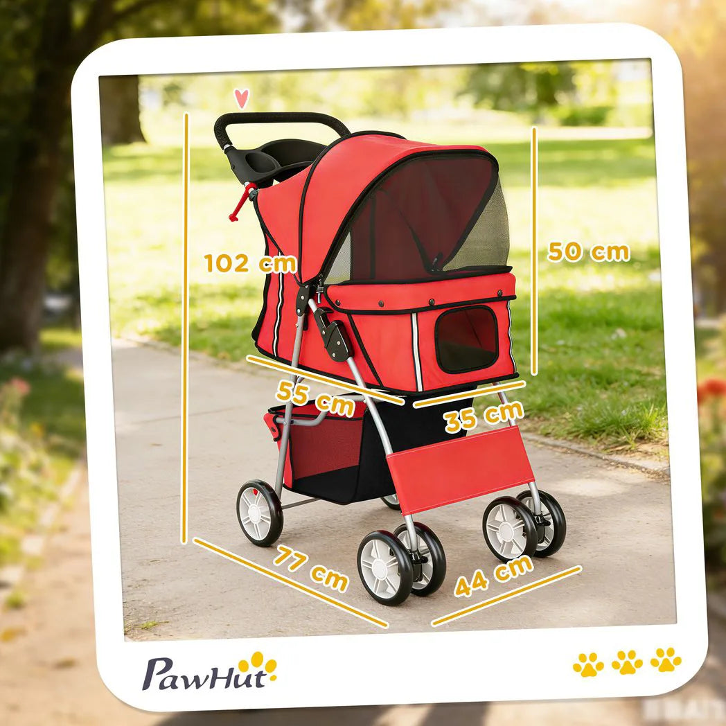 PawHut Dog Pram Pet Stroller with Reflective Strips and 360° Swivel Wheels – Foldable Travel Buggy, Red