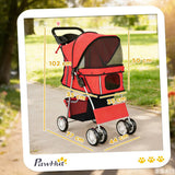 PawHut Dog Pram Pet Stroller with Reflective Strips and 360° Swivel Wheels – Foldable Travel Buggy, Red