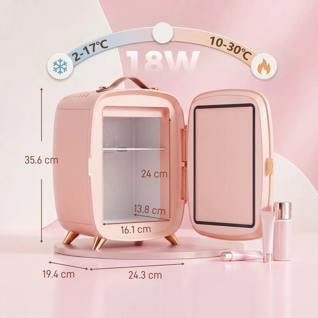 HOMCOM 6L Mini Skincare Fridge with LED Mirror and Touchscreen, Quiet 26dB Cooling – Pink