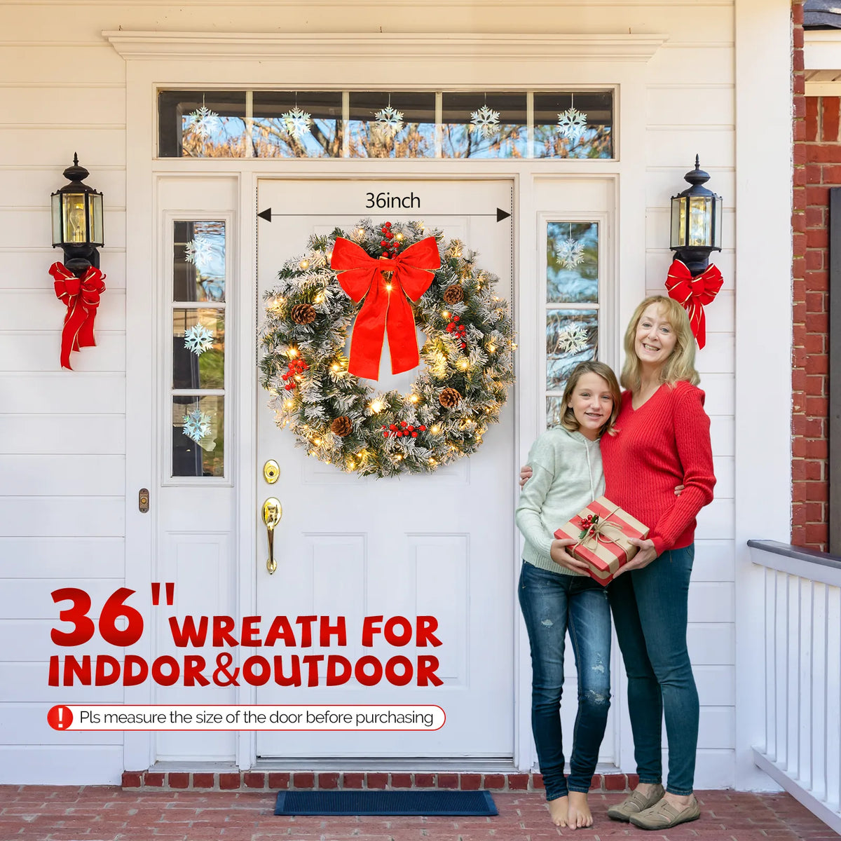 36in Pre-Lit Snow Flocked Christmas Wreath with 100 LED Lights – Lighted Artificial Door Decoration