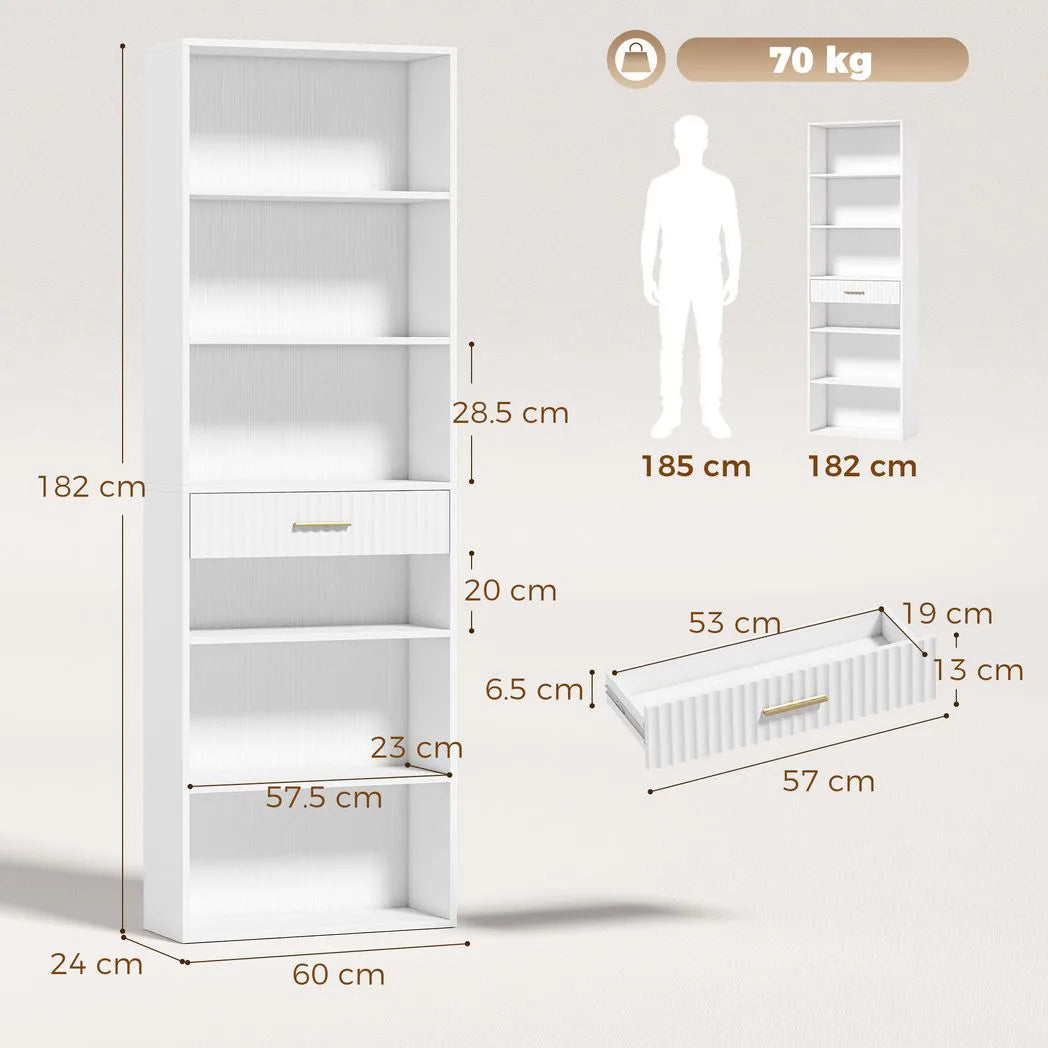 HOMCOM Narrow Tall Bookcase with Drawer and 6 Open Shelves, 182 cm Space-Saving Bookshelf, White