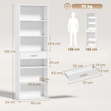 HOMCOM Narrow Tall Bookcase with Drawer and 6 Open Shelves, 182 cm Space-Saving Bookshelf, White