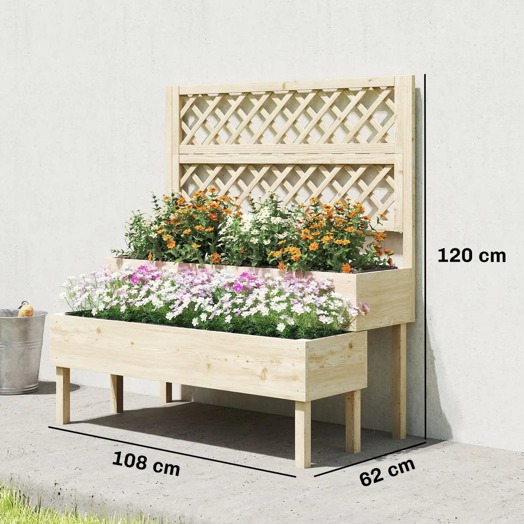 Outsunny 2-Tier Raised Garden Bed with Trellis for Climbing Plants – Stepped Wooden Planter, 108 x 62 x 120cm