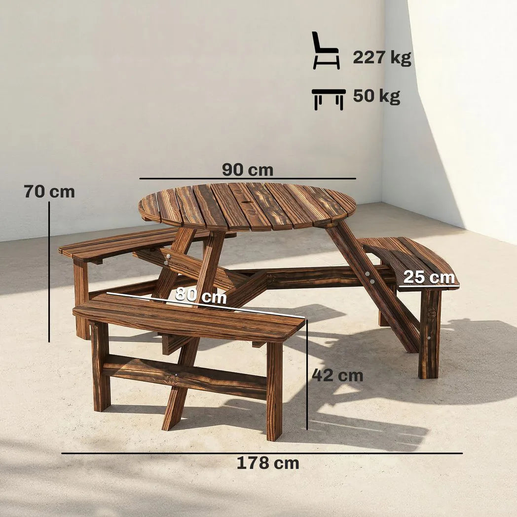 Outsunny 6 Seater Wooden Round Picnic Table with Matching Benches & Parasol Hole, Carbonised Finish