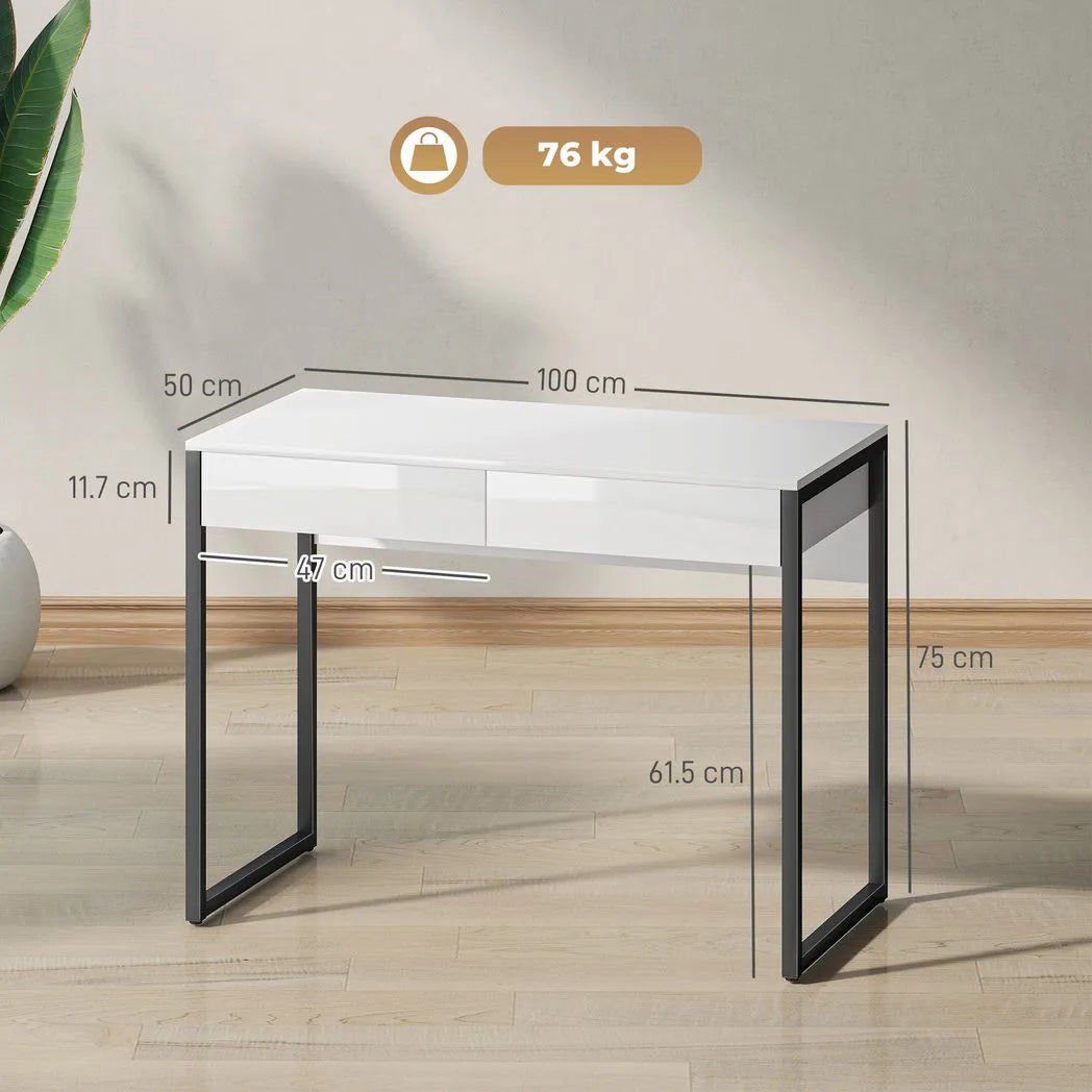 HOMCOM High Gloss Work Table with Two Handleless Drawers and Steel Frame – Home Office Desk, White
