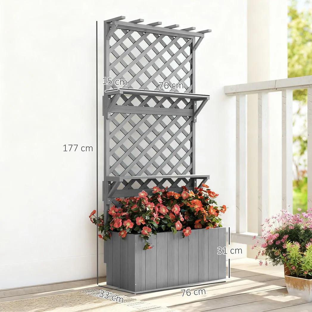 Outsunny 52L Wooden Planter with 146.5cm Trellis and Two Shelves – Raised Garden Bed for Climbers, Grey
