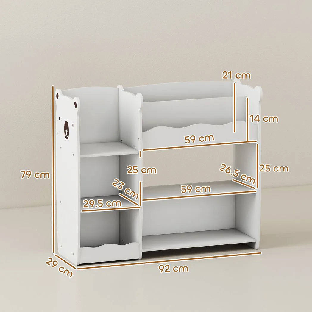 AIYAPLAY Bear Kids Toy Storage Unit with Open Bookshelf – Organiser for Bedroom, Nursery & Playroom, White