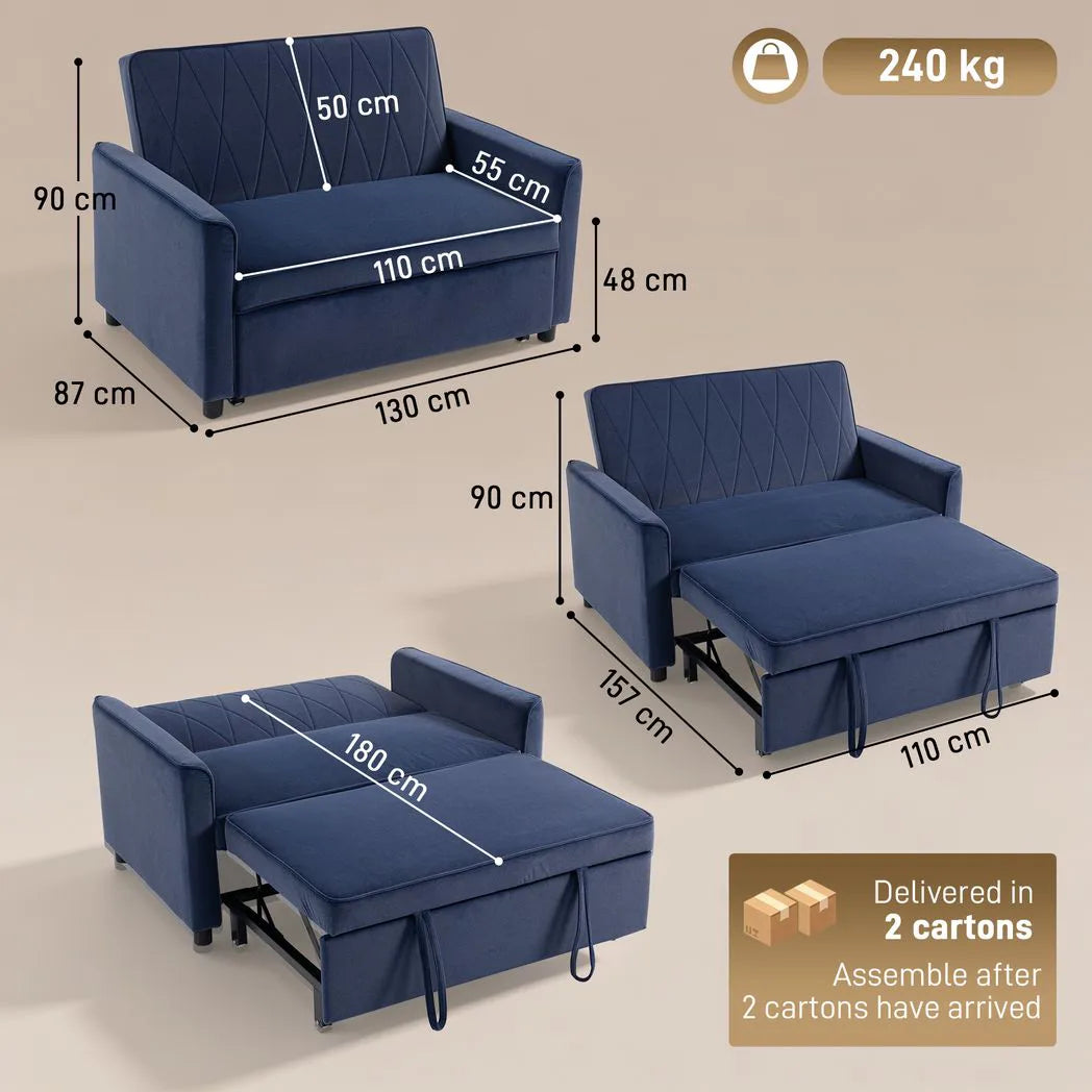 HOMCOM 2 Seater Sofa Bed with 3-in-1 Pull-Out Design and Click-Clack Backrest – Guest Bed, Dark Blue