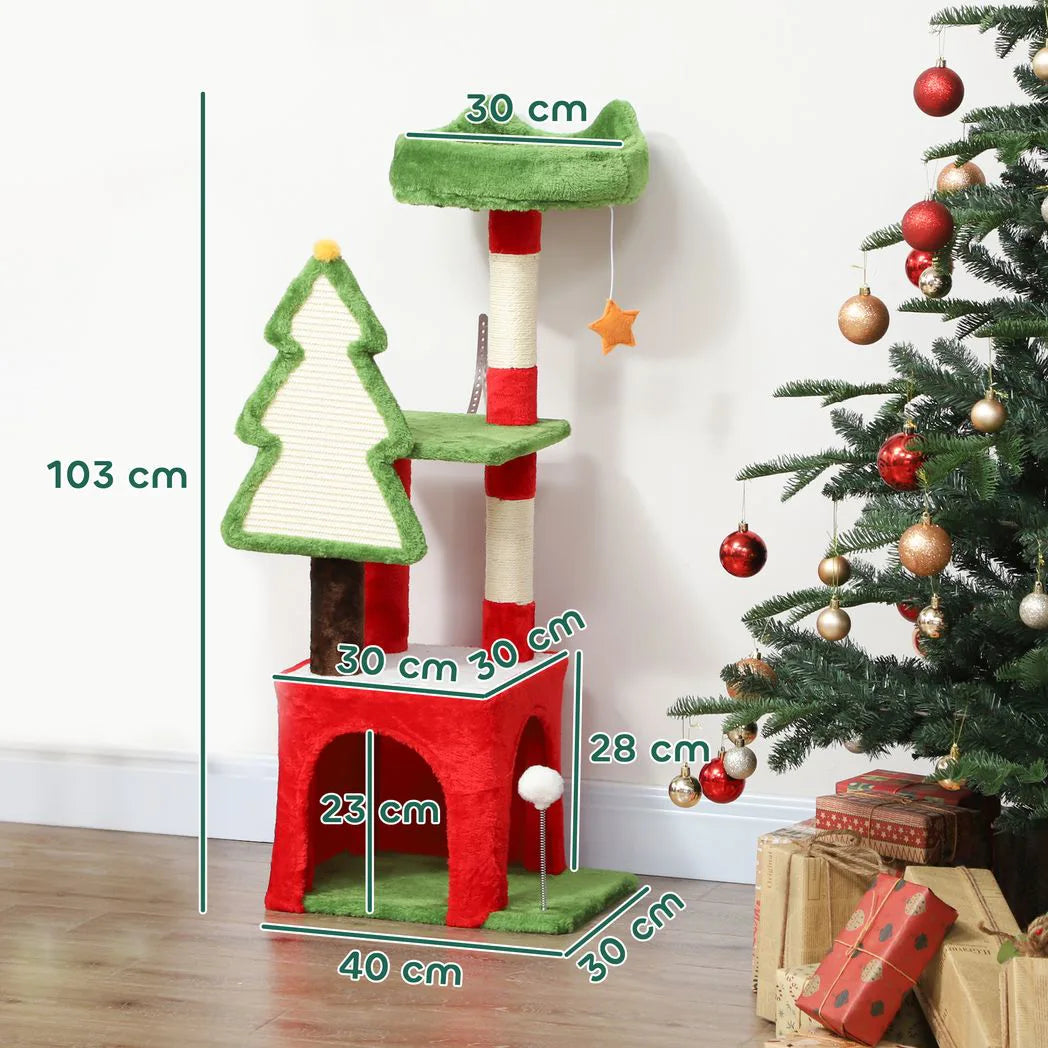 PawHut Christmas Cat Tree, 120cm Tower with Scratching Post, Bed, House and Toys – Festive Green
