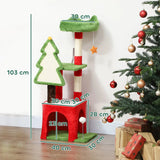 PawHut Christmas Cat Tree, 120cm Tower with Scratching Post, Bed, House and Toys – Festive Green