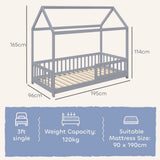 HOMCOM House-Shaped Kids Single Bed Frame with Guard Rails – Solid Pine, Grey