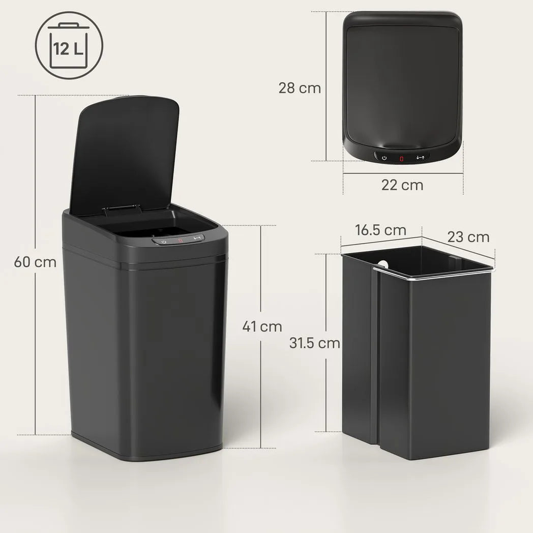 HOMCOM 12L Automatic Sensor Bin with Touchless Lid and Fingerprint-Resistant Stainless Steel – Kitchen Waste Bin, Black