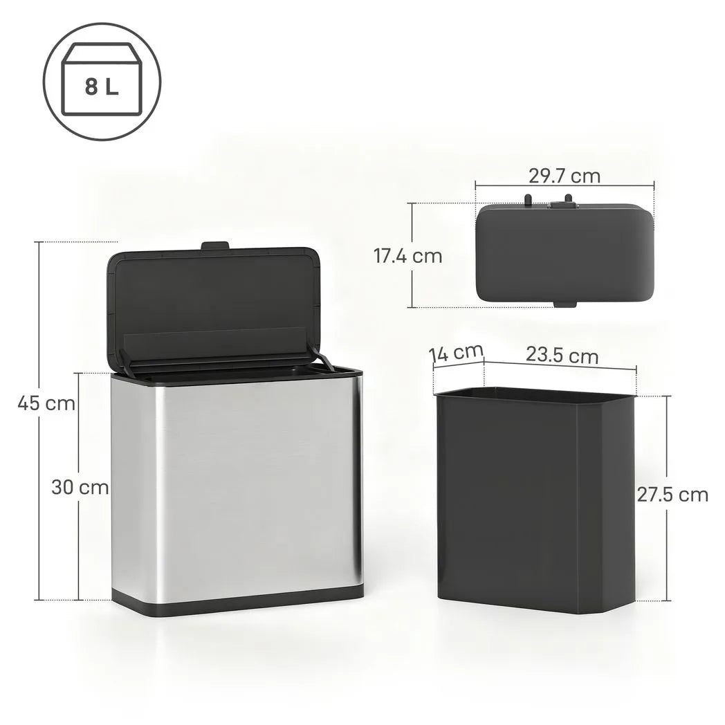 HOMCOM 8L Hanging Kitchen Bin with Lid – Stainless Steel Rubbish Bin with Removable Bucket for Under Sink