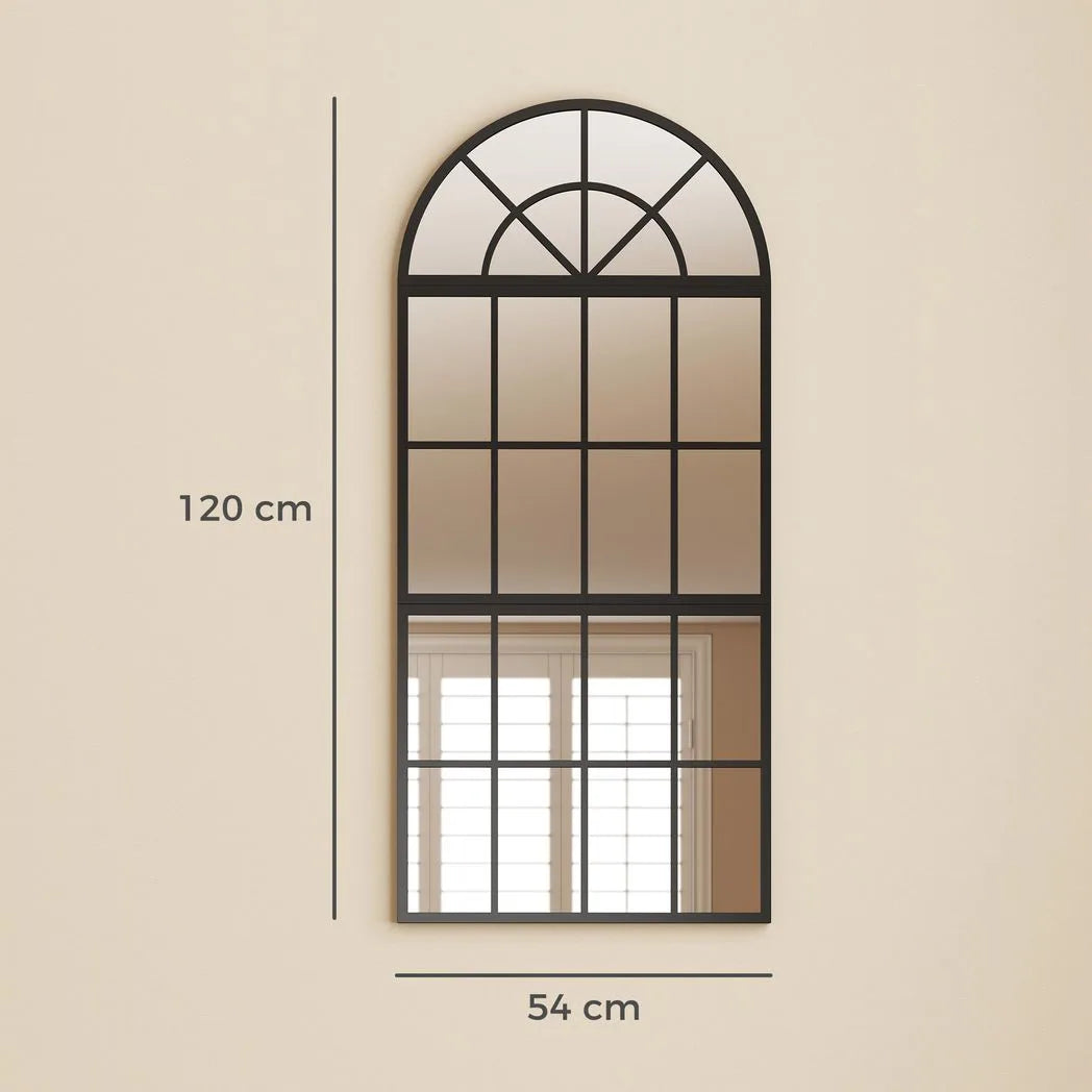 HOMCOM Large Arched Wall Mirror with Metal Grid, 3-Piece Split Window Mirrors, 120 x 54 cm, Black