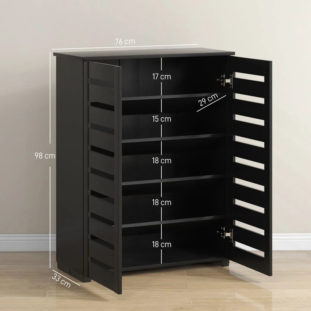 HOMCOM 5-Tier Narrow Shoe Cabinet with Slatted Doors and Adjustable Shelves – Holds 15 Pairs, Black