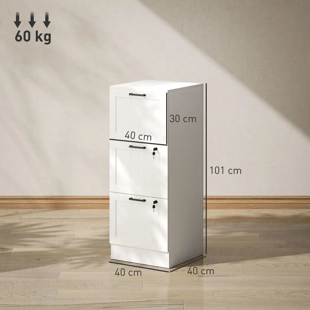 HOMCOM 3 Drawer Filing Cabinet with Lock – Office Storage with Adjustable Hanging Bars for A4 & Letter Files, White