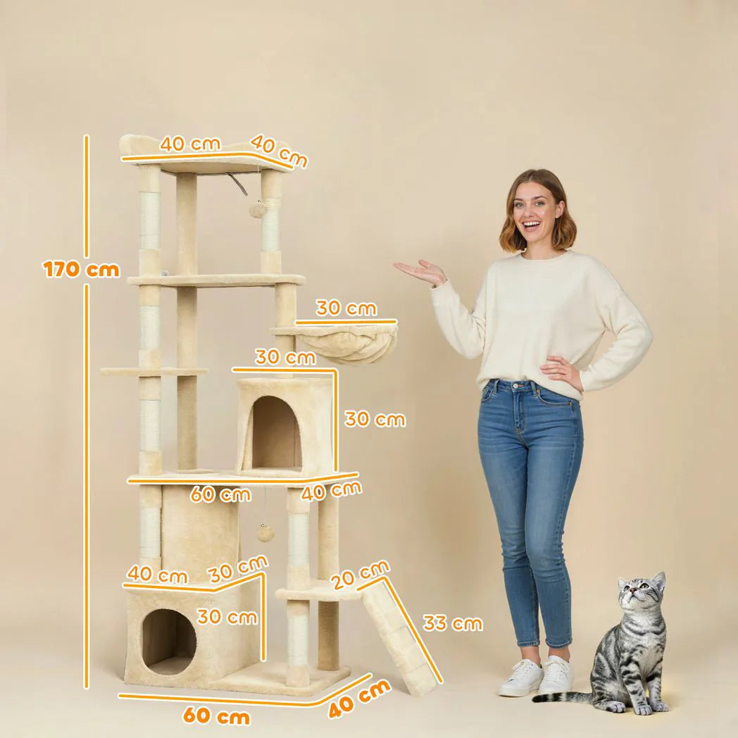 PawHut 170cm Large Cat Tree with 7 Scratching Posts, Tunnel, 2 Condos, Hammock & Perch – Cat Tower, Beige