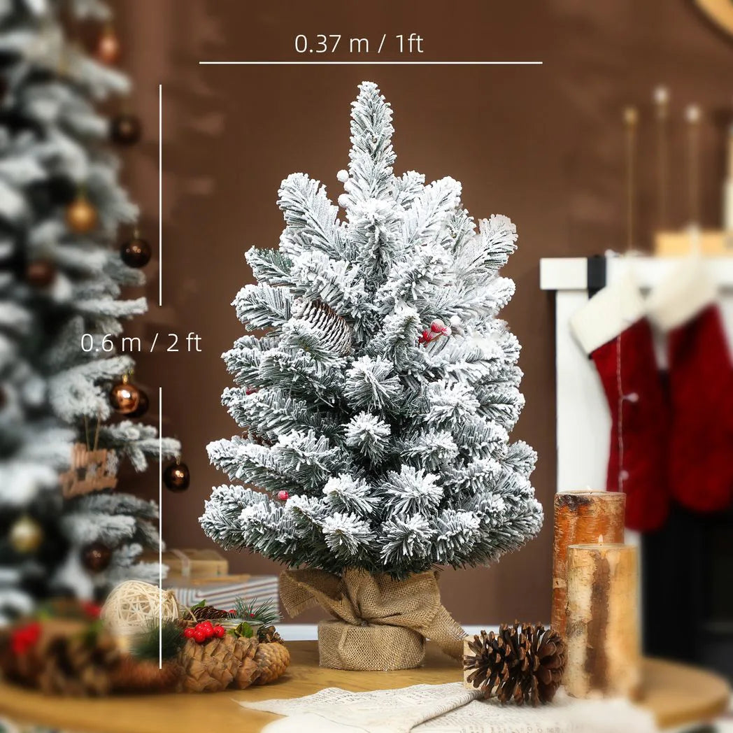 HOMCOM 60 cm Prelit Tabletop Christmas Tree with 35 LEDs and Timer – Snow Flocked Mini Tree, Battery Operated