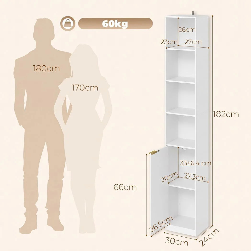 HOMCOM 6-Tier Bookcase with Adjustable Shelf, Cabinet and Anti-Tip Hardware – White Wood Effect