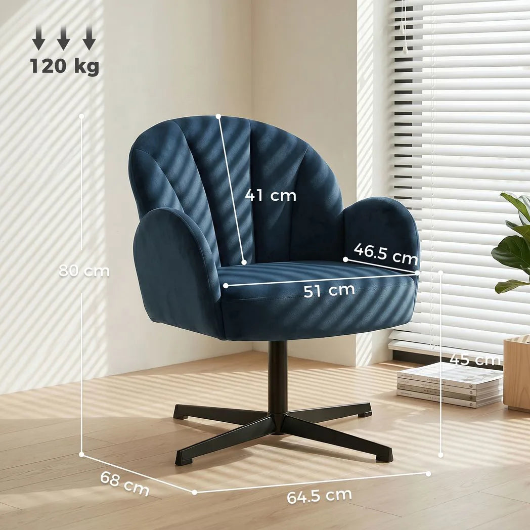 HOMCOM Swivel Accent Chair with Shell Back, Spring Cushion and Metal Base – Velvet-Feel Armchair, Dark Blue