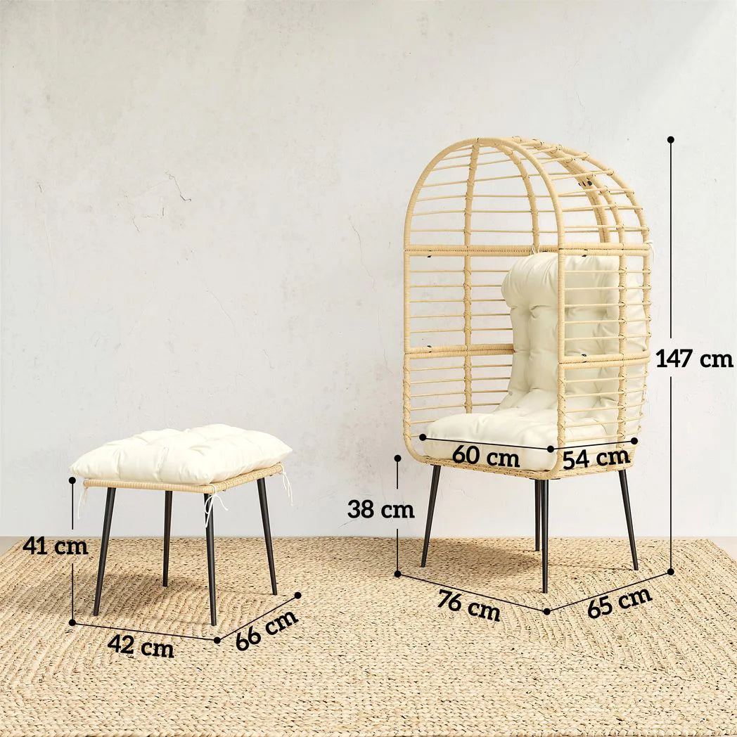 Outsunny Rattan Egg Chair with Footstool and Thick Cushions – Indoor Outdoor Garden Lounge Set, Beige