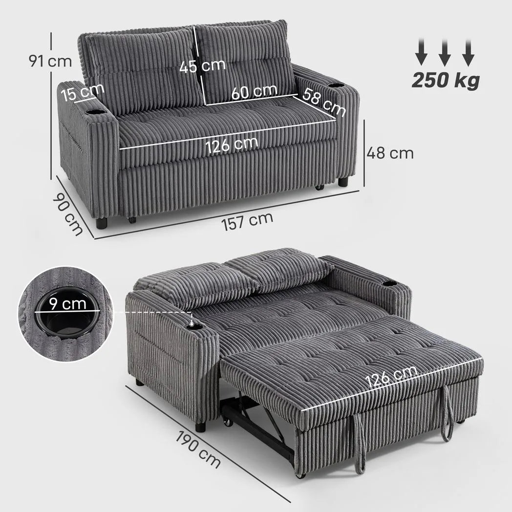 HOMCOM 2 Seater Click Clack Sofa Bed with Pull-Out Design & Cup Holders – Corduroy Upholstery, Charcoal Grey