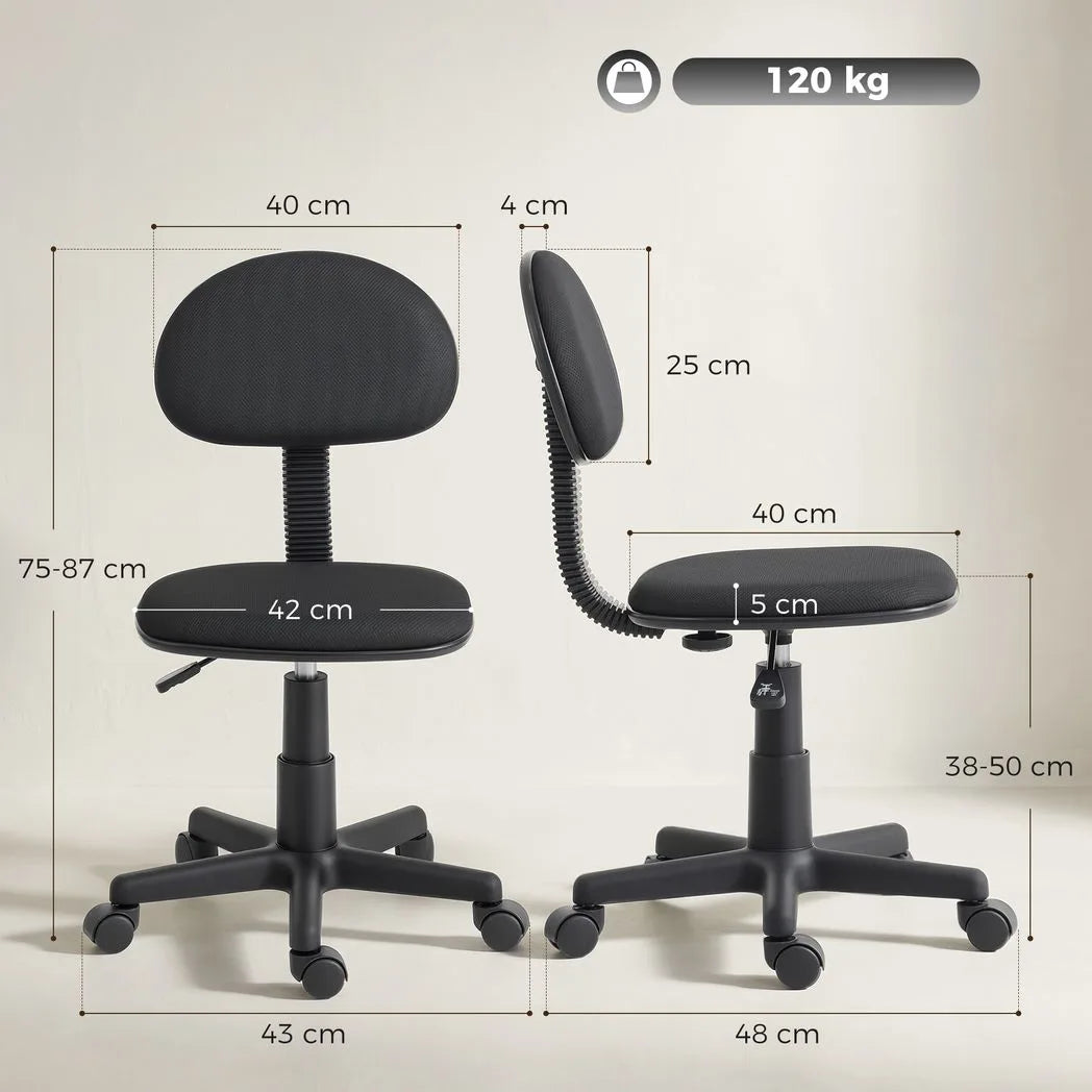 HOMCOM Small Armless Office Chair with Swivel Wheels & Gas Lift – Space-Saving Desk Chair, Black