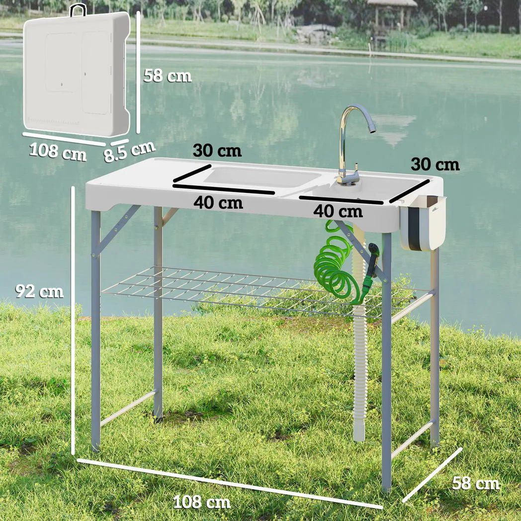 Outsunny Folding Fish Cleaning Table with Two Sinks, Faucet & Drainage Hoses – Portable Camping Sink Table