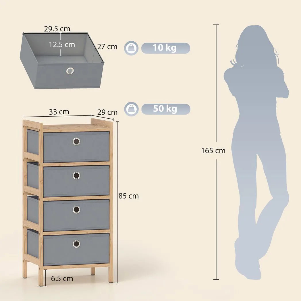 HOMCOM Chest of Drawers with 4 Fabric Drawers – Narrow Bedroom Dresser with Bamboo Frame, Light Grey
