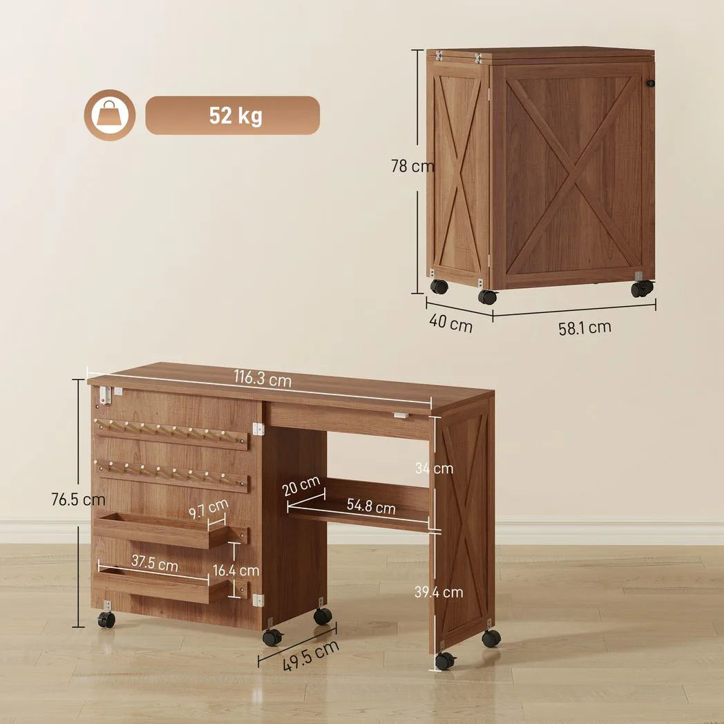 HOMCOM Folding Sewing Table with Storage, Thread Racks & Lockable Casters – Rolling Craft Table, Brown