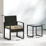 Outsunny 3 Piece Rattan Bistro Set with Glass Top Table and Cushions, Khaki